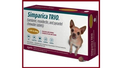 Жевательные таблетки 3 штуки (1 коробка) Симпаpиkа ТРИО для собак весом 1.25 - 2.5 кг от глистов и блох Жевательные таблетки 3 штуки (1 коробка) Симпаpиkа ТРИО для собак весом 1.25 - 2.5 кг от глистов и блох